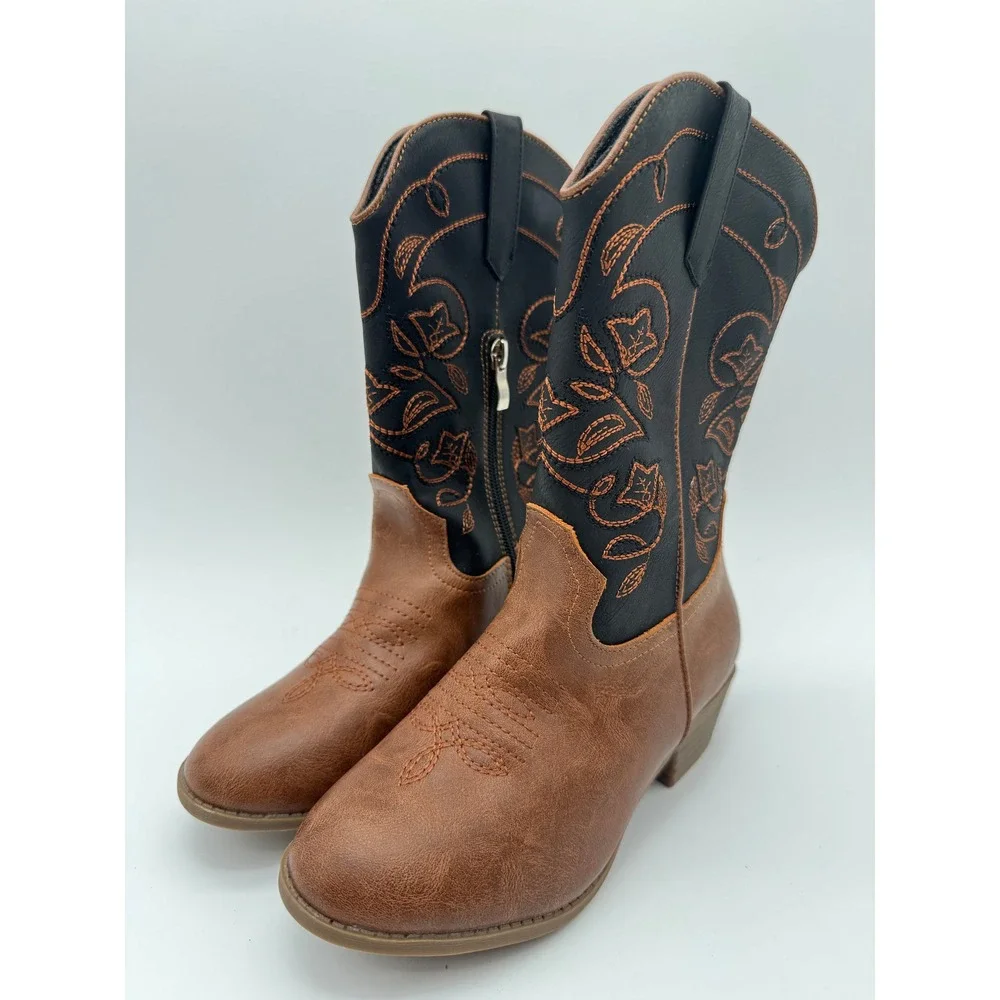 Kids Cowboy Boots Size 3 Brown Black Faux Leather Western Side‎ Zip Embroidered